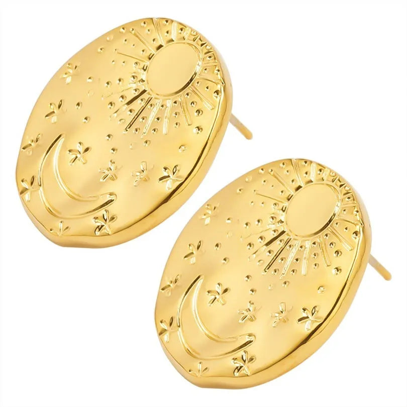 A pair of geometric shell design stud earrings in stainless steel, shown in gold and silver colours.