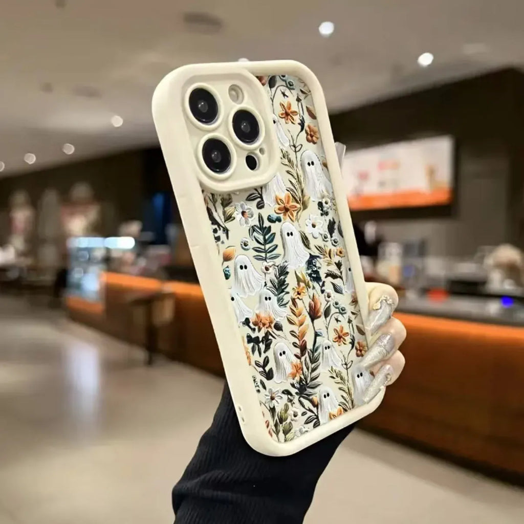 Ghost Flower frosted TPU phone case for Apple iPhone with built-in bracket, available in white, pink, green, and black