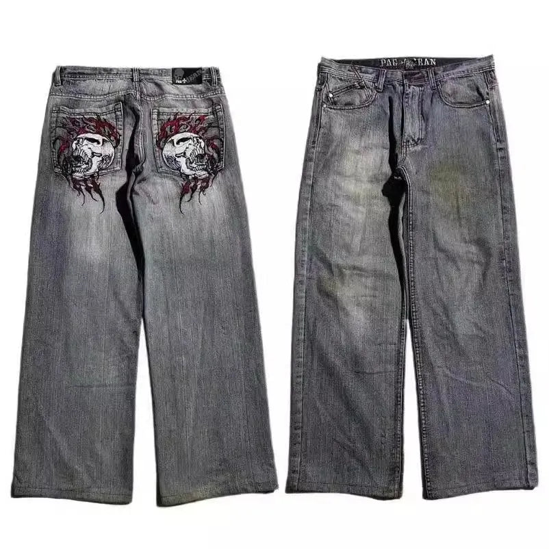 Men's grey washed-out wide-leg denim jeans with a straight leg and mid-waist design