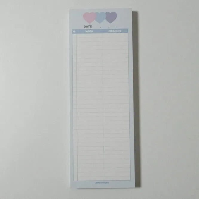 Vertical half-B5 notepad with blue cover, showing 30 pages for English word lists.