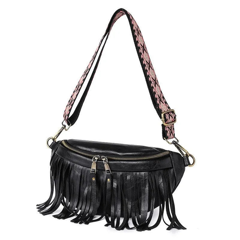 Retro messenger chest bag with tassel details and pleated design in soft PU material