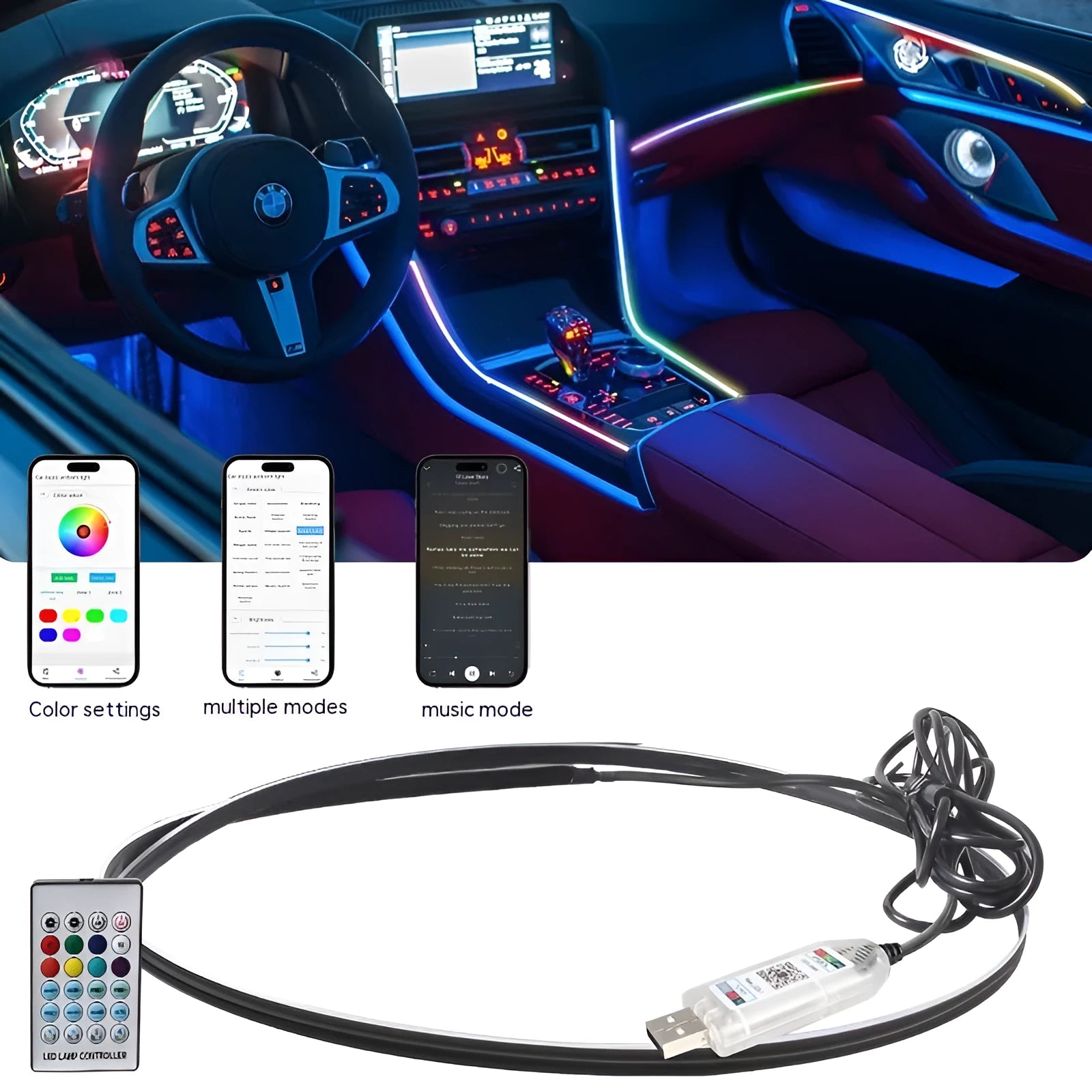 Car interior ambient lighting kit with LED Magic Colour streamer effect and dual control options