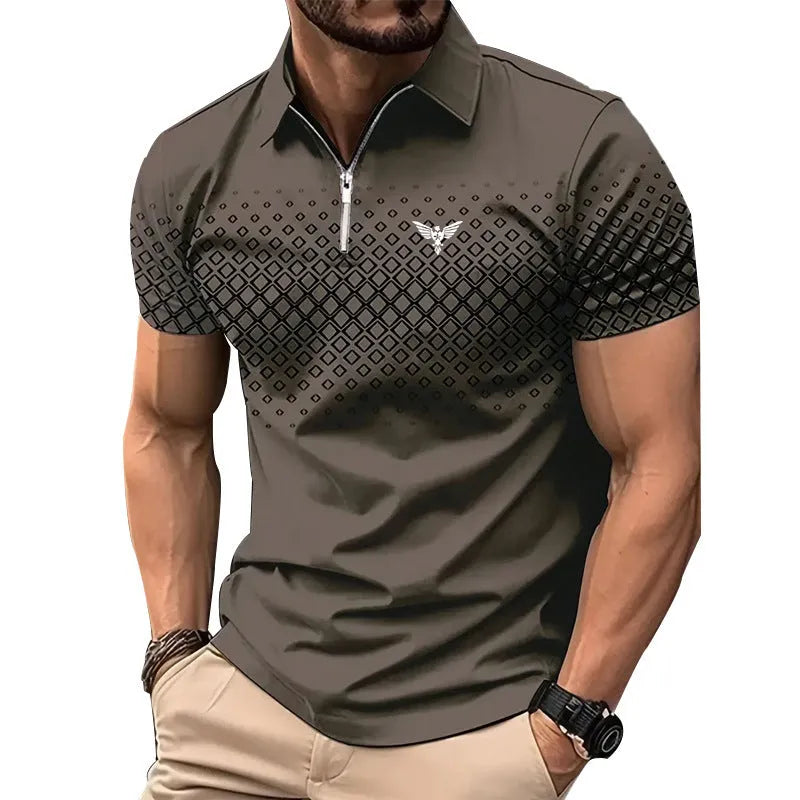 Men's striped rabbit fur sports short sleeve top with zipper decorations, loose fit, summer casual wear