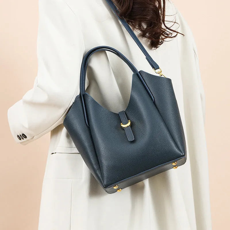 Genuine leather women's hand held retro bucket bag in beige with top handle