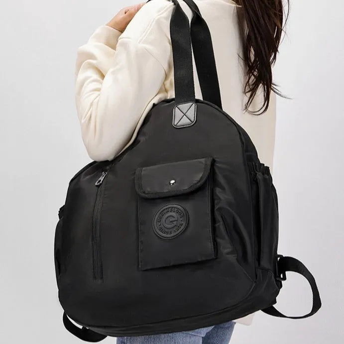 Large green letters nylon outdoor backpack with external sandwich pockets