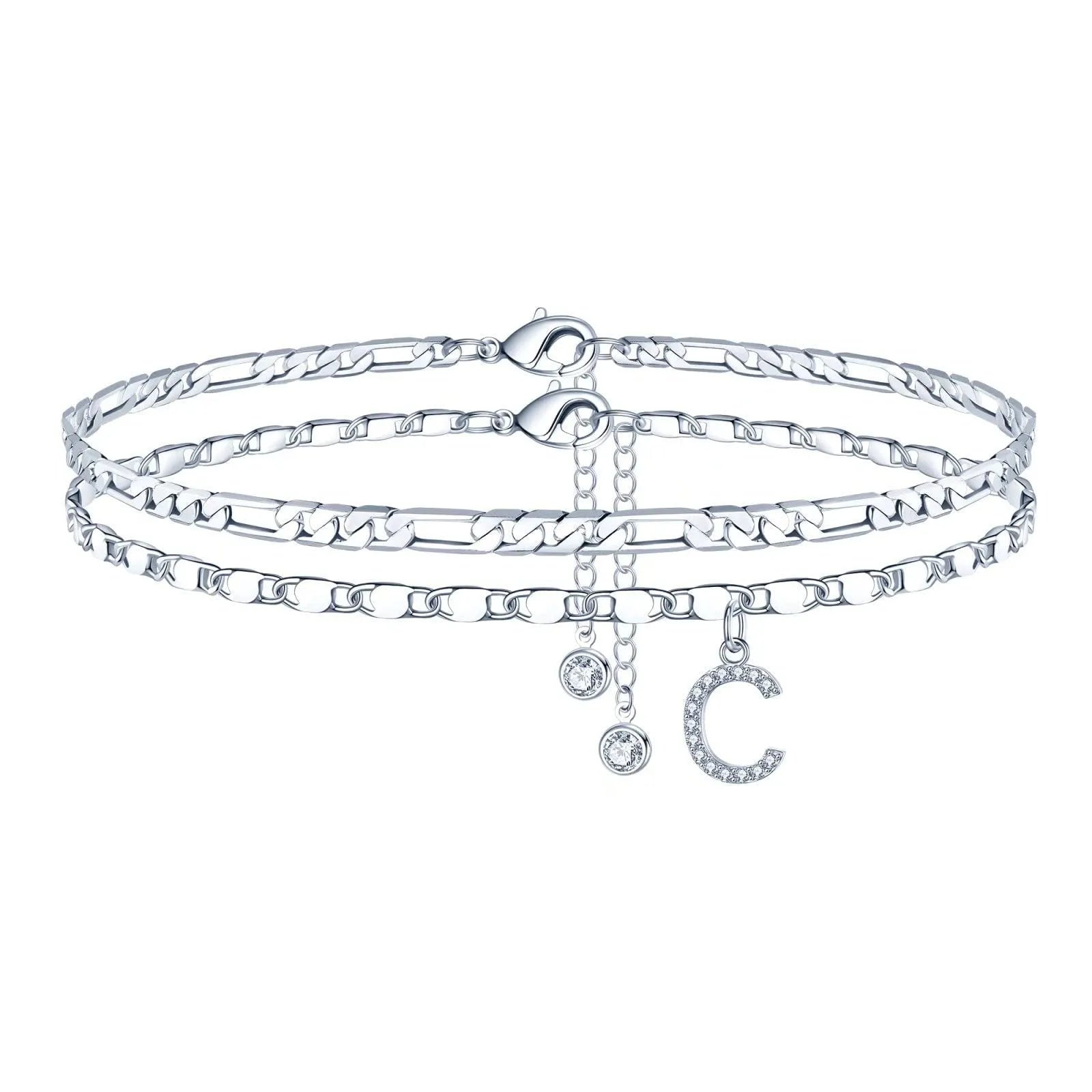 Silver colour copper anklet with double-circle design and text bead elements on ankle