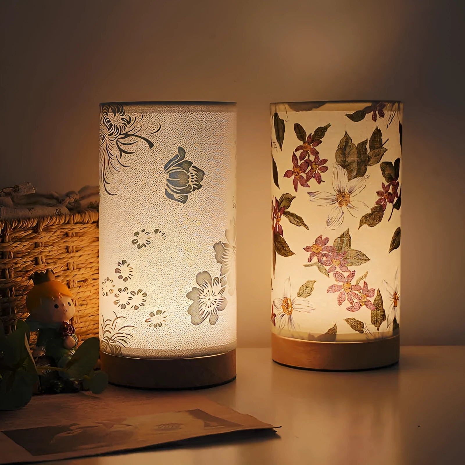 Creative floral fabric table lamp with warm LED light remote control for bedroom study bedside
