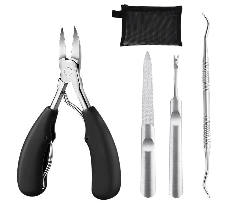 Stainless steel nail clipper with a coloured ABS plastic handle on a plain background.