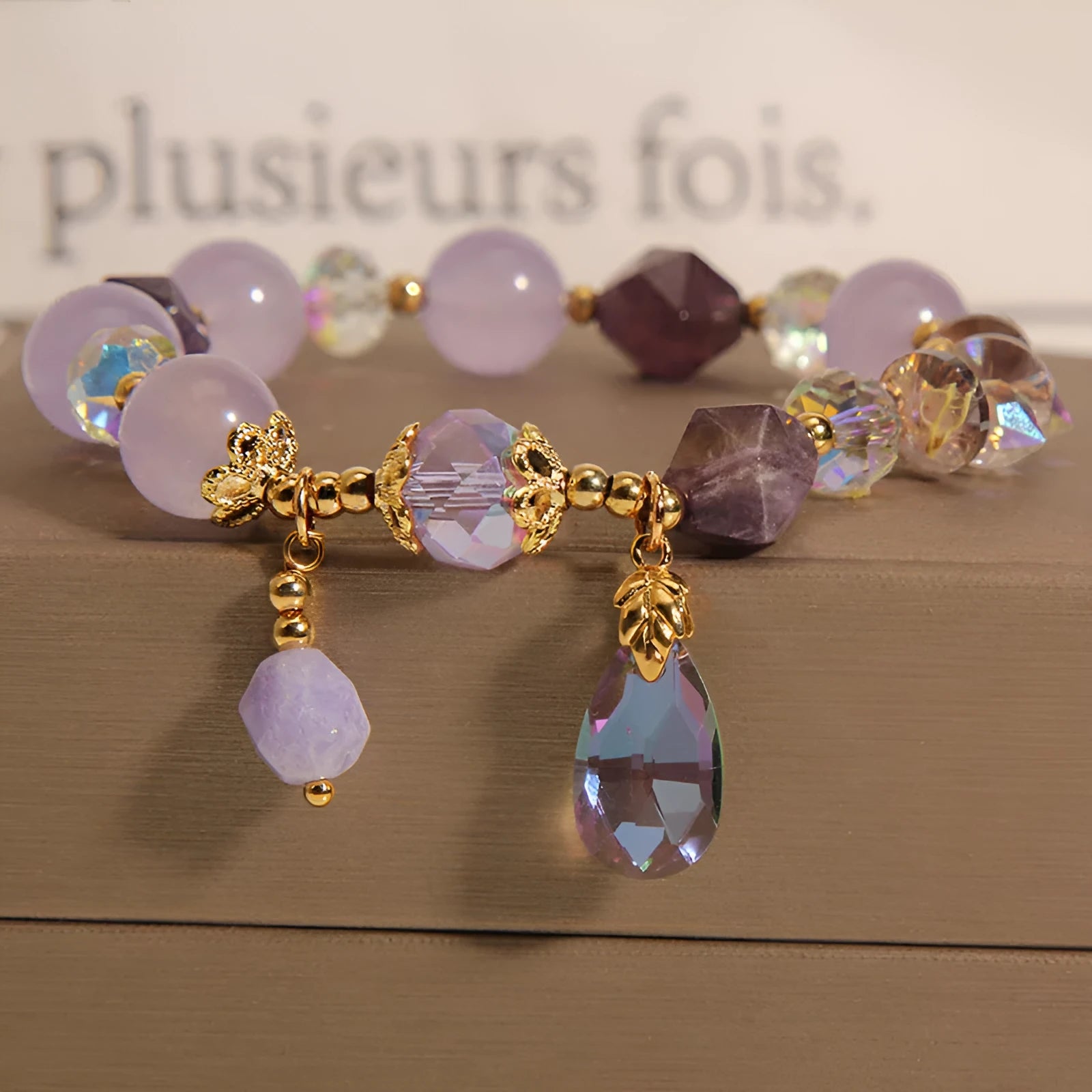 Retro purple crystal drop bracelet for children with adjustable design and lavender water drop pendant