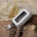 White genuine leather square car key case showing plain weave texture and dimensions.