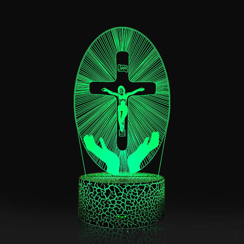 Cross acrylic 3D night light with LED, showing 200x150mm slim panel and colour glow