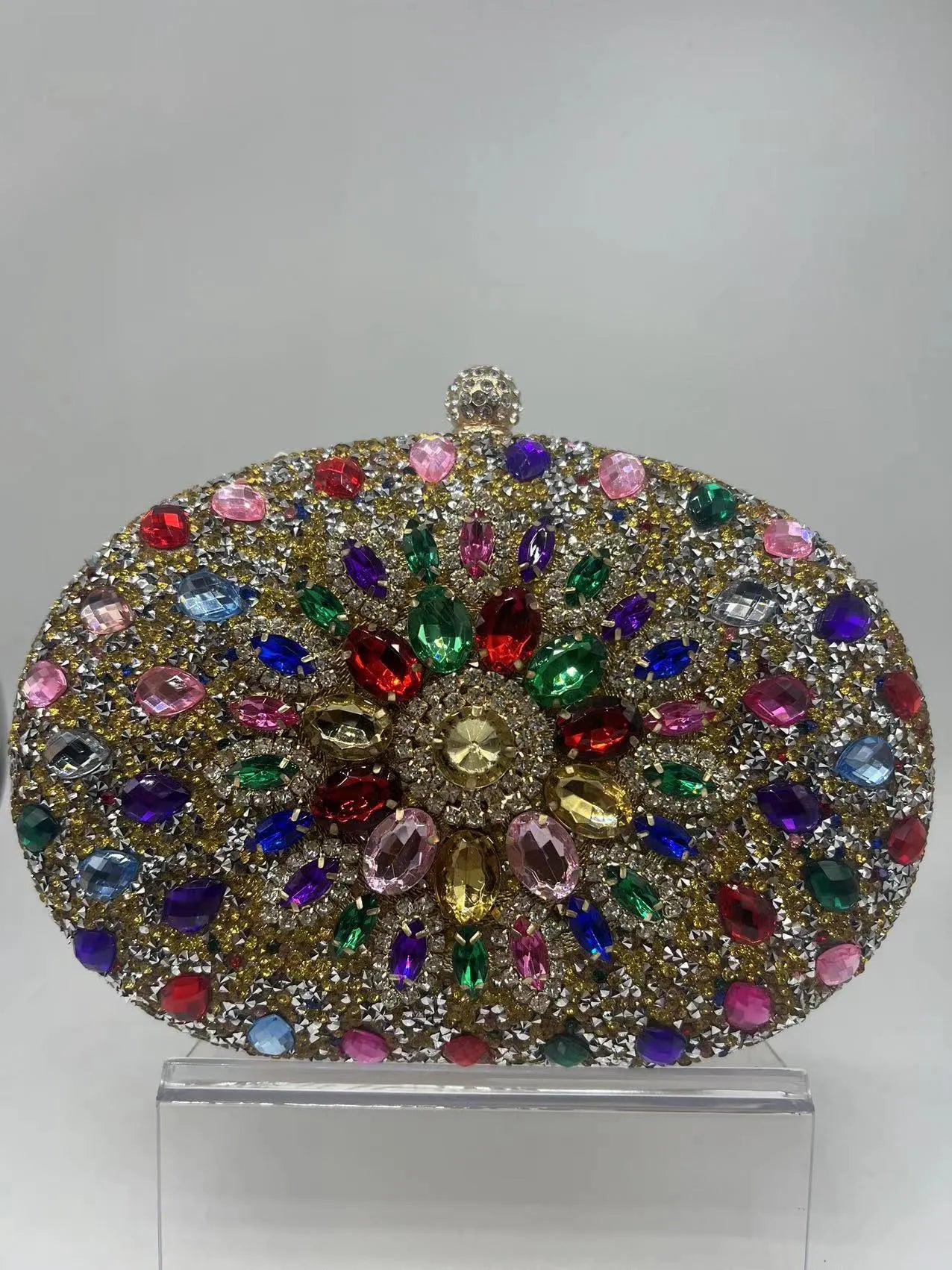 Gold hardware and rhinestone banquet handbag with structured retro design measuring 20cm wide