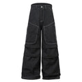 Black pleated workwear jeans with multiple pockets and mid waist design