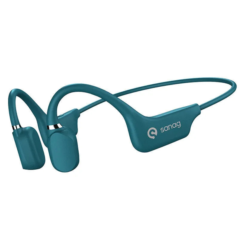 A person wearing black bone conduction Bluetooth headphones around their neck during a run.