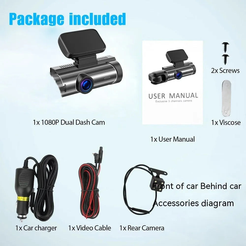 Dual-lens HD driving recorder with 3.5-inch screen for front and rear car cameras
