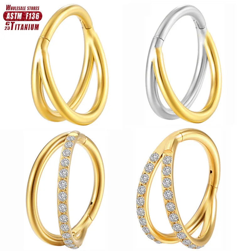 F136 titanium alloy fork nose ring body jewellery in silver, shown next to size options.