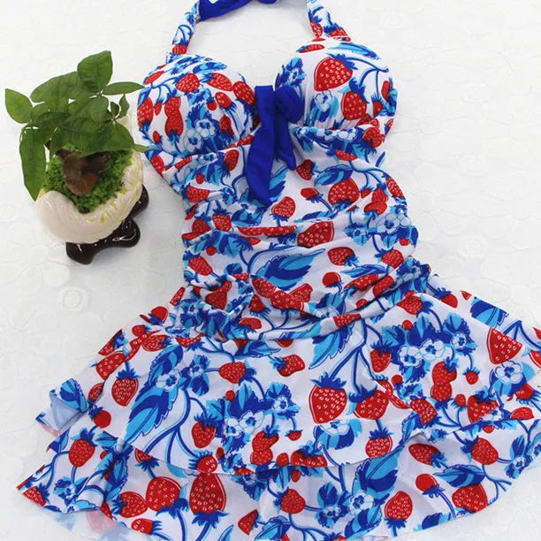 Women's strawberry print one-piece swimsuit with cross strap backless design and push-up support