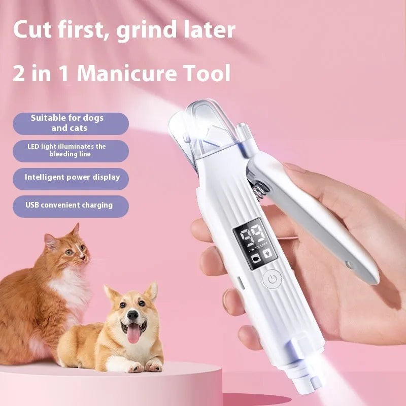 White dog nail clippers with stainless steel blades and safety guard on ergonomic ABS handle.