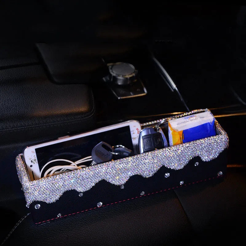 Diamond-studded leather car storage box with handmade Czech rhinestones in white colour