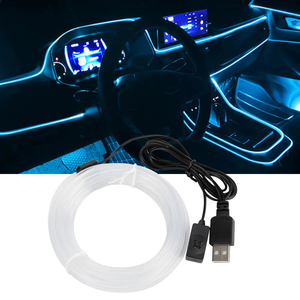 Universal car EL luminous ambience light strip with USB connector in colourful glowing demonstration