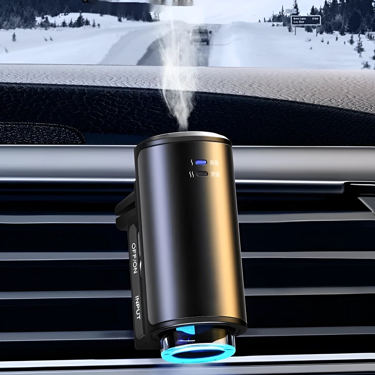 Obsidian Black smart car air vent clip diffuser with essential oil bottle.