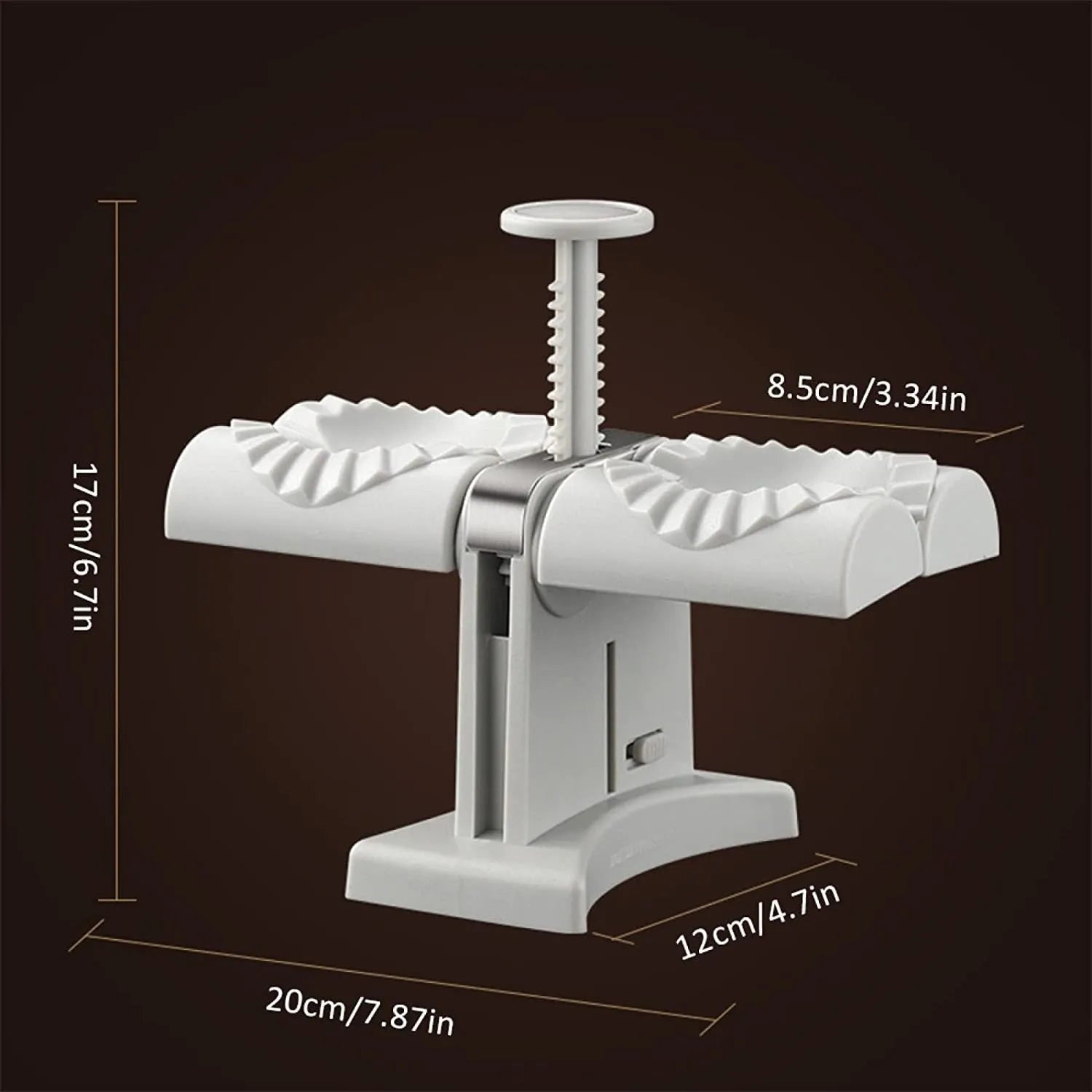 White double head dumpling mould with manual press mechanism and anti-slip rubber base