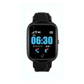 Black smartwatch for elderly with square colour screen and silicone strap, showing GPS and SOS features.