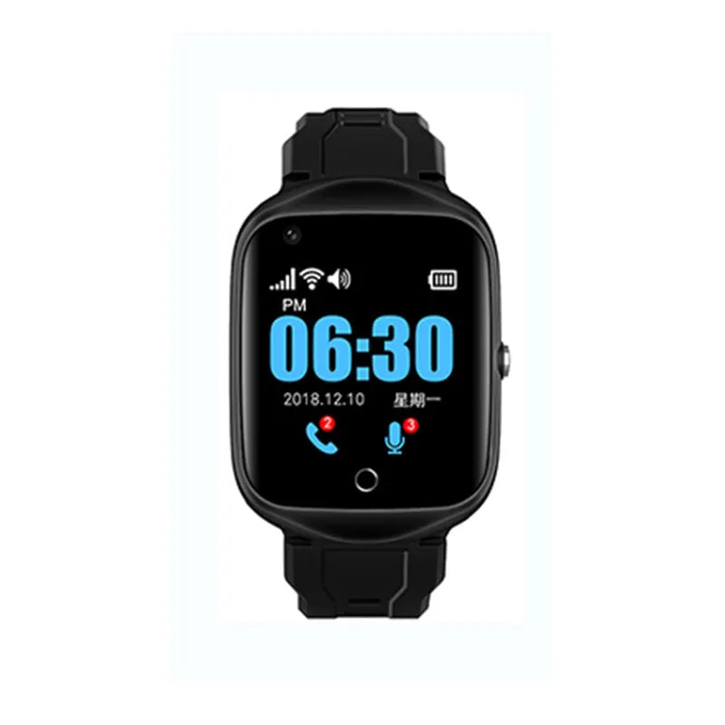 Black smartwatch for elderly with square colour screen and silicone strap, showing GPS and SOS features.
