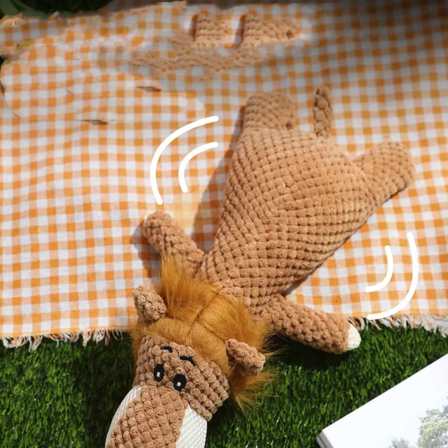 Animal-shaped plush dog toy with corn kernel texture for dental cleaning and squeeze-activated sound