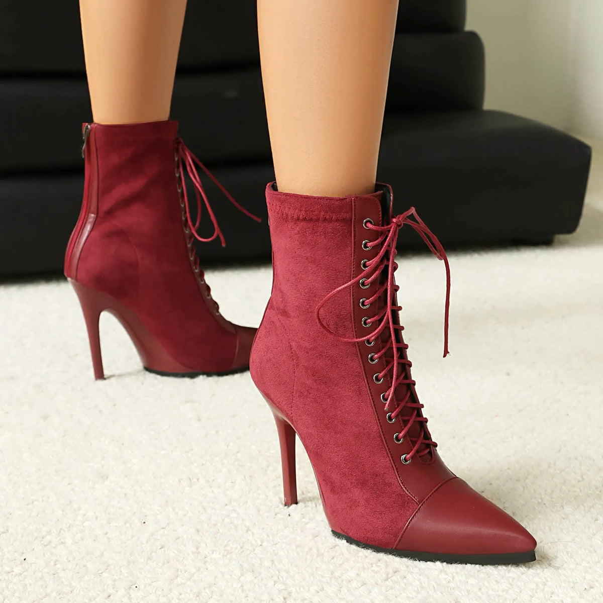 Women's suede pointed toe ankle boots with stiletto heel, back zipper, drawstring patchwork, in black brown or wine red