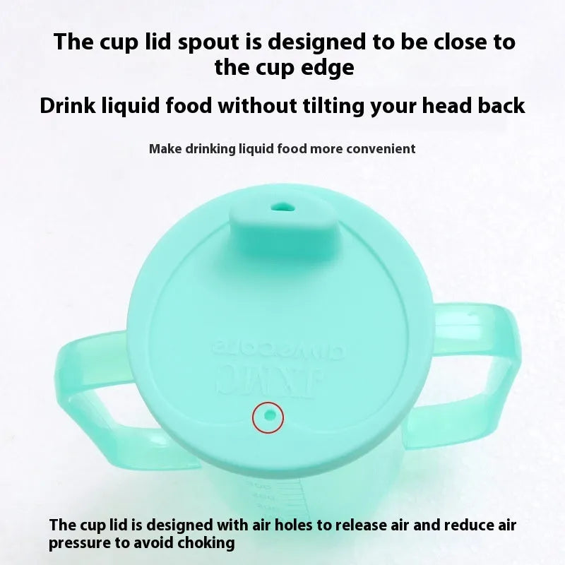 Adult polypropylene drinking cup with oblique choke-proof spout, lid, handle, and optional wrist splint.
