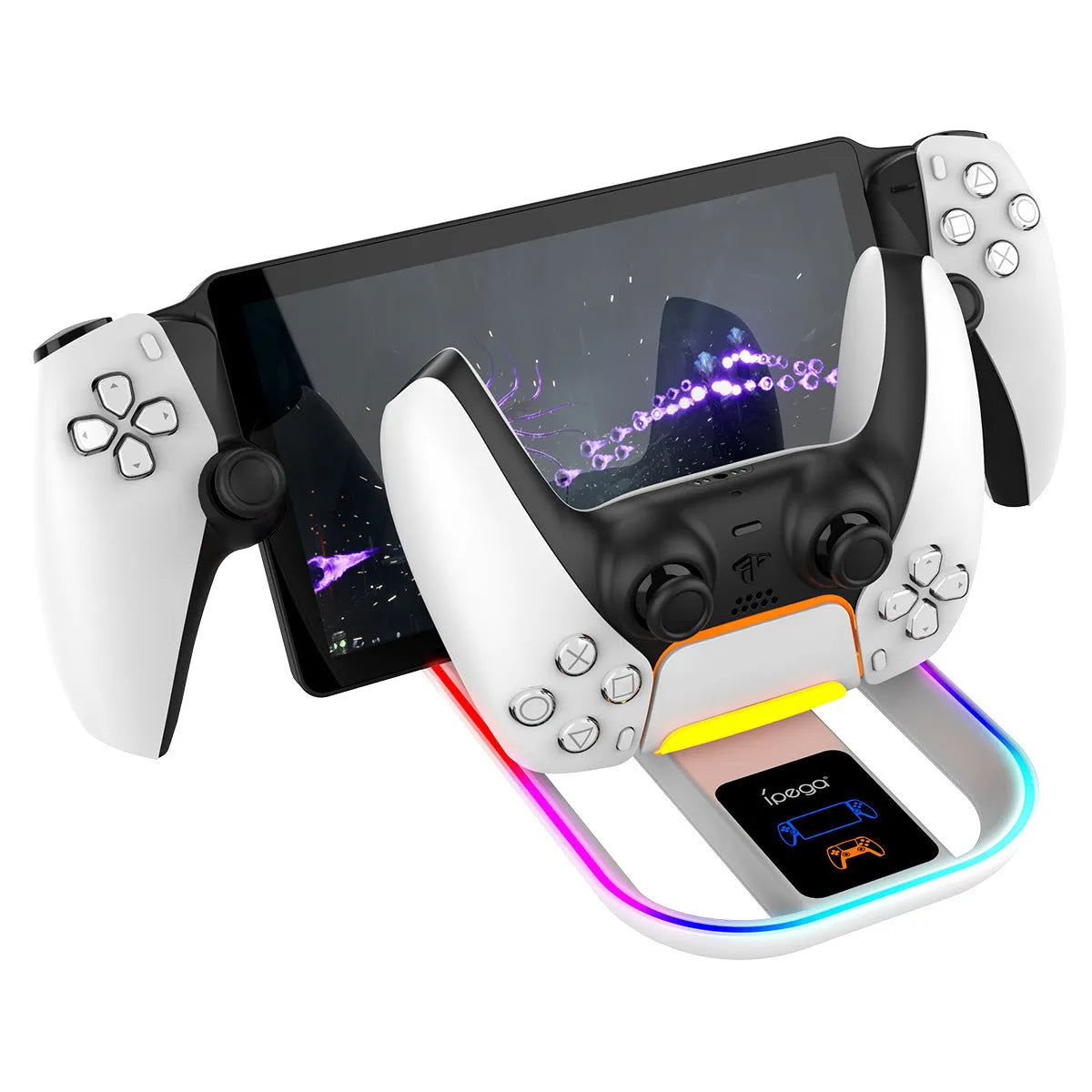 White ABS charging base for PS5 Portal and PS5 controller with colourful LED and Type-C cable