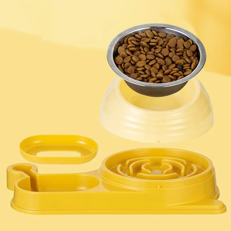 Brown elevated cat food bowl with attached water bottle dispenser on a white background.