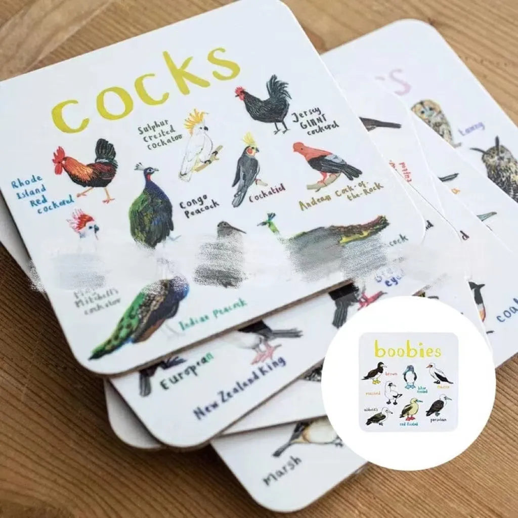Set of six square bird pun coasters with different bird chart illustrations on white background