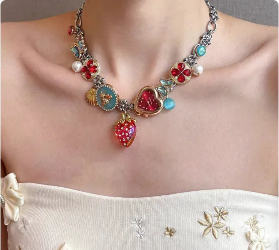 Red blue titanium steel necklace with strawberry clock and butterfly pendant