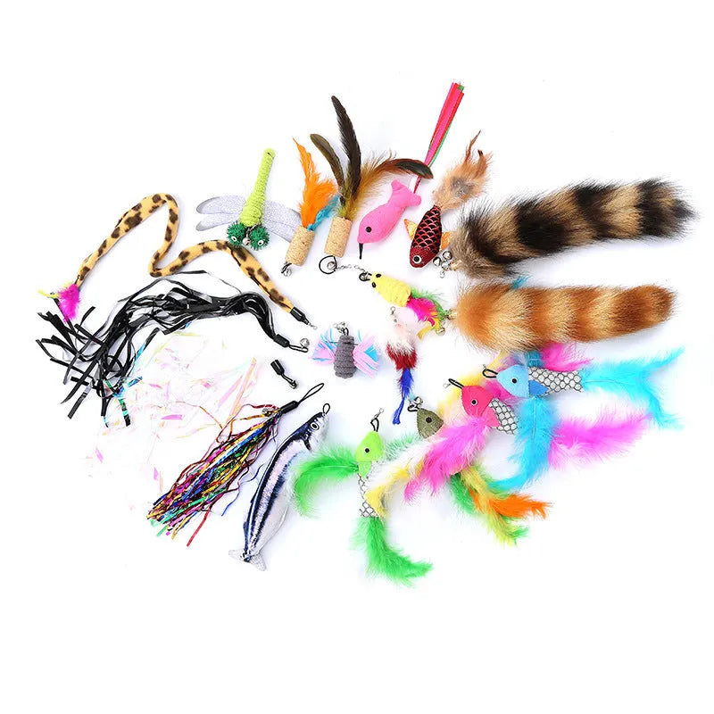 Three-section cat teasing fishing rod with assorted feather heads on plastic poles