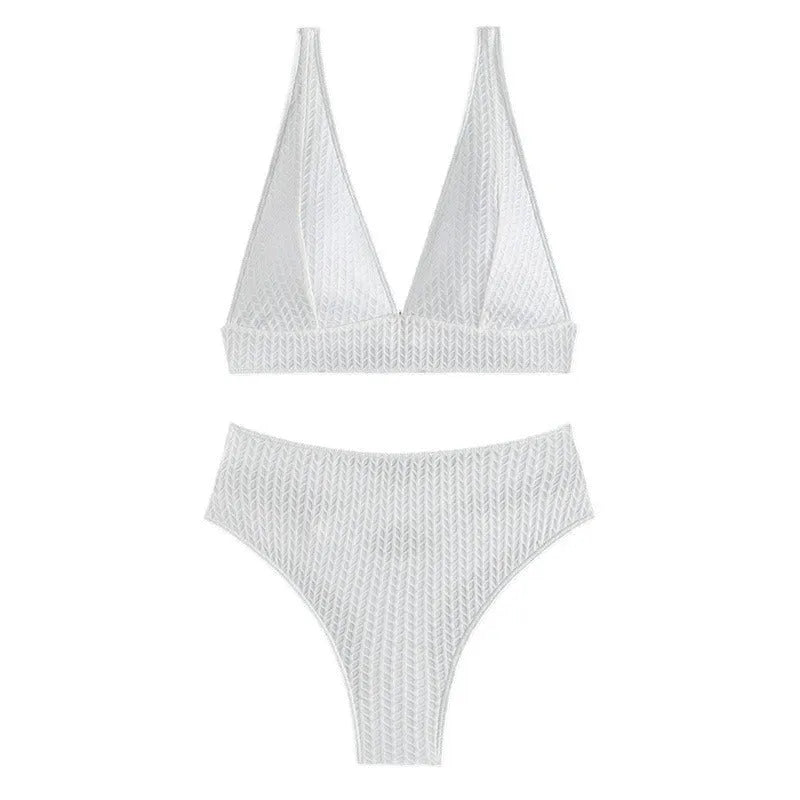 White solid colour backless bikini swimsuit for women on beach