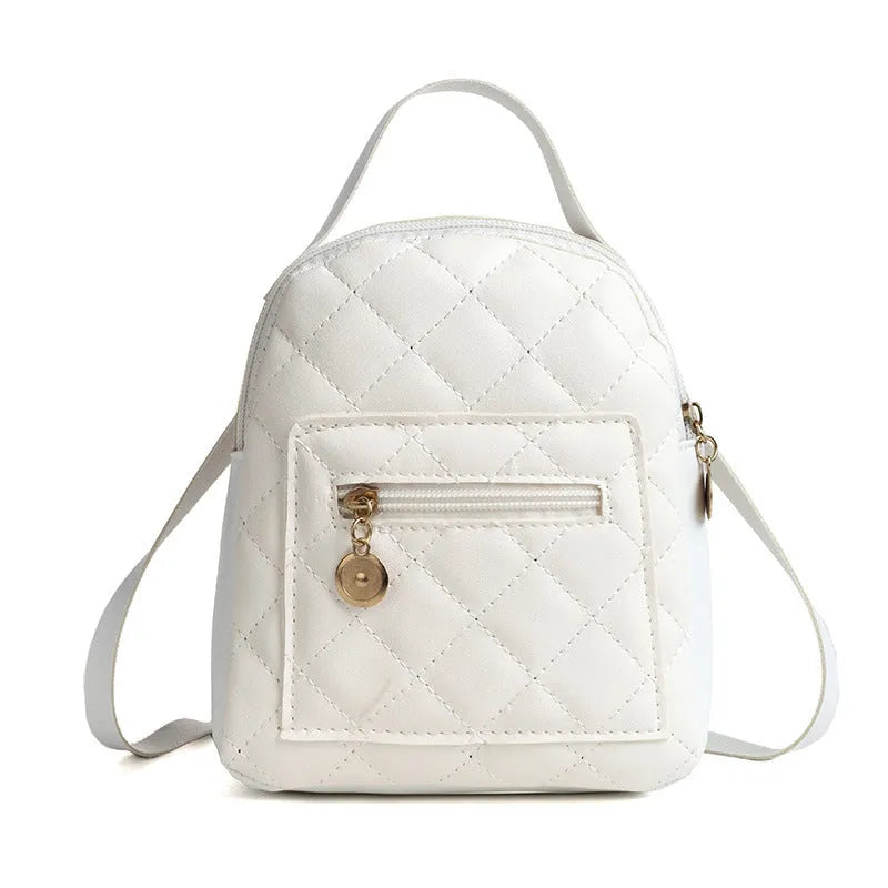 Girls' hard square PU backpack with embroidery in black, white, or pink, showing front and handle.