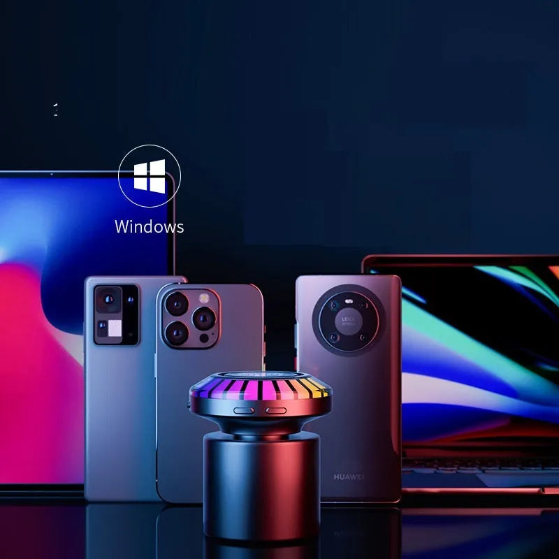 Small, square voice-controlled Bluetooth ambience lamp with polar light effect on a table.