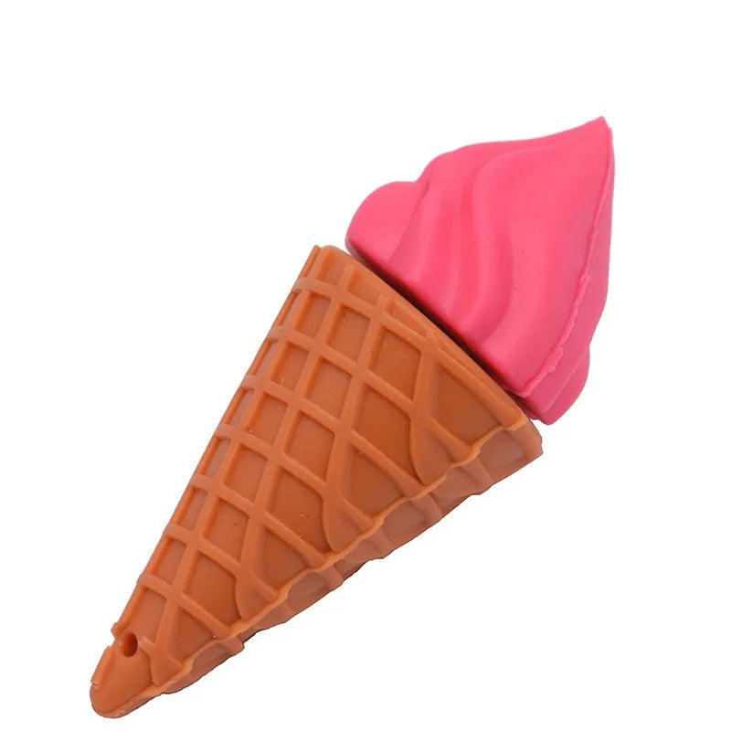 Miniature pink ice cream cone shaped USB flash drive on a white background.