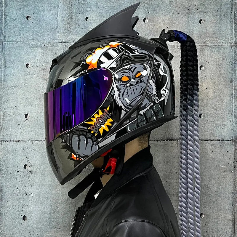 Couples' dirty braids full-face motorcycle helmet in Black Clown design, showing ABS shell.