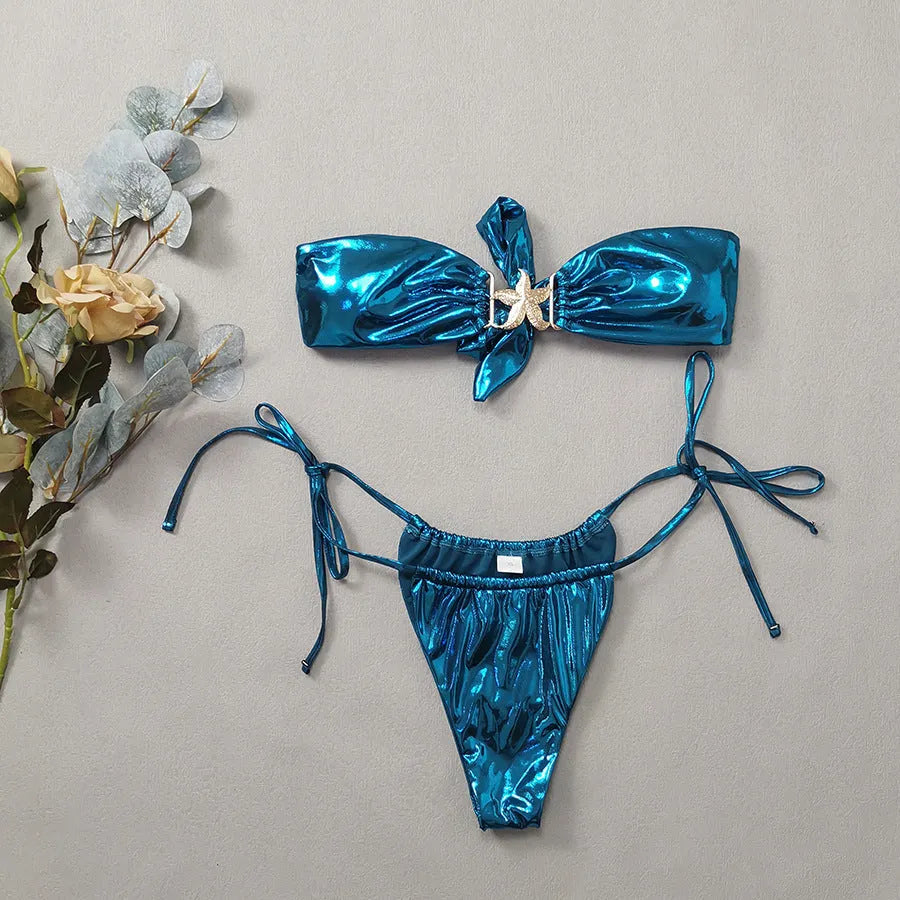 Women's glossy blue bikini set with gold starfish print, long sleeve tube top and split briefs.