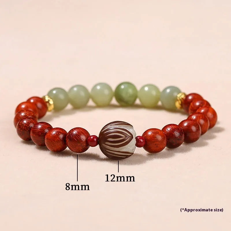 Red Rosewood and grey jade bead bracelet with Bodhi Lotus design, Chinese style for women.