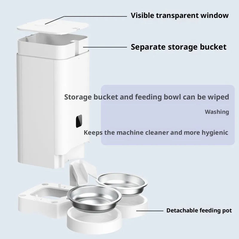 Multiple smart pet automatic feeder B58 with timed and quantitative feeding, three stainless steel bowls, white body