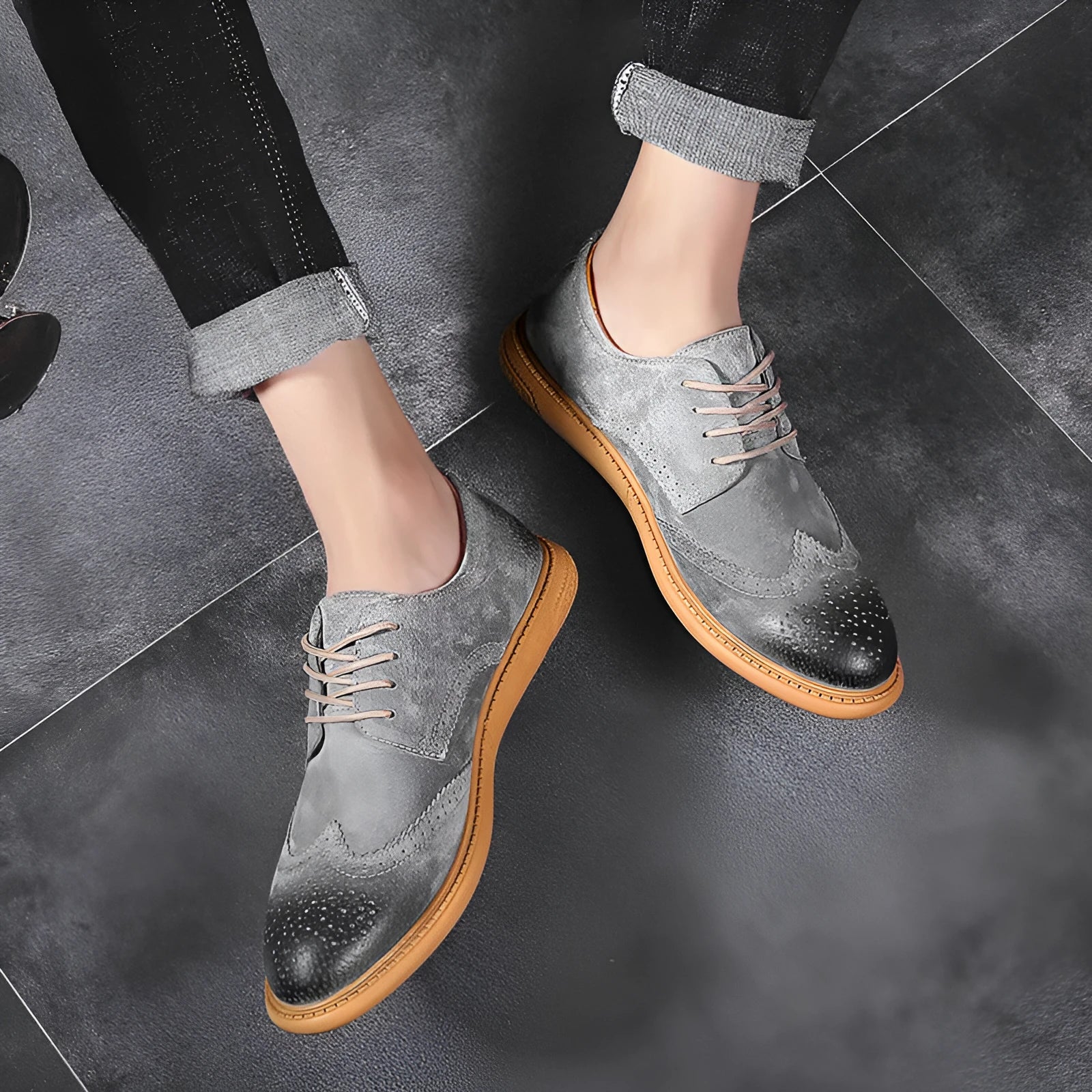 Men's black leather business shoes with lace-up design and rubber soles