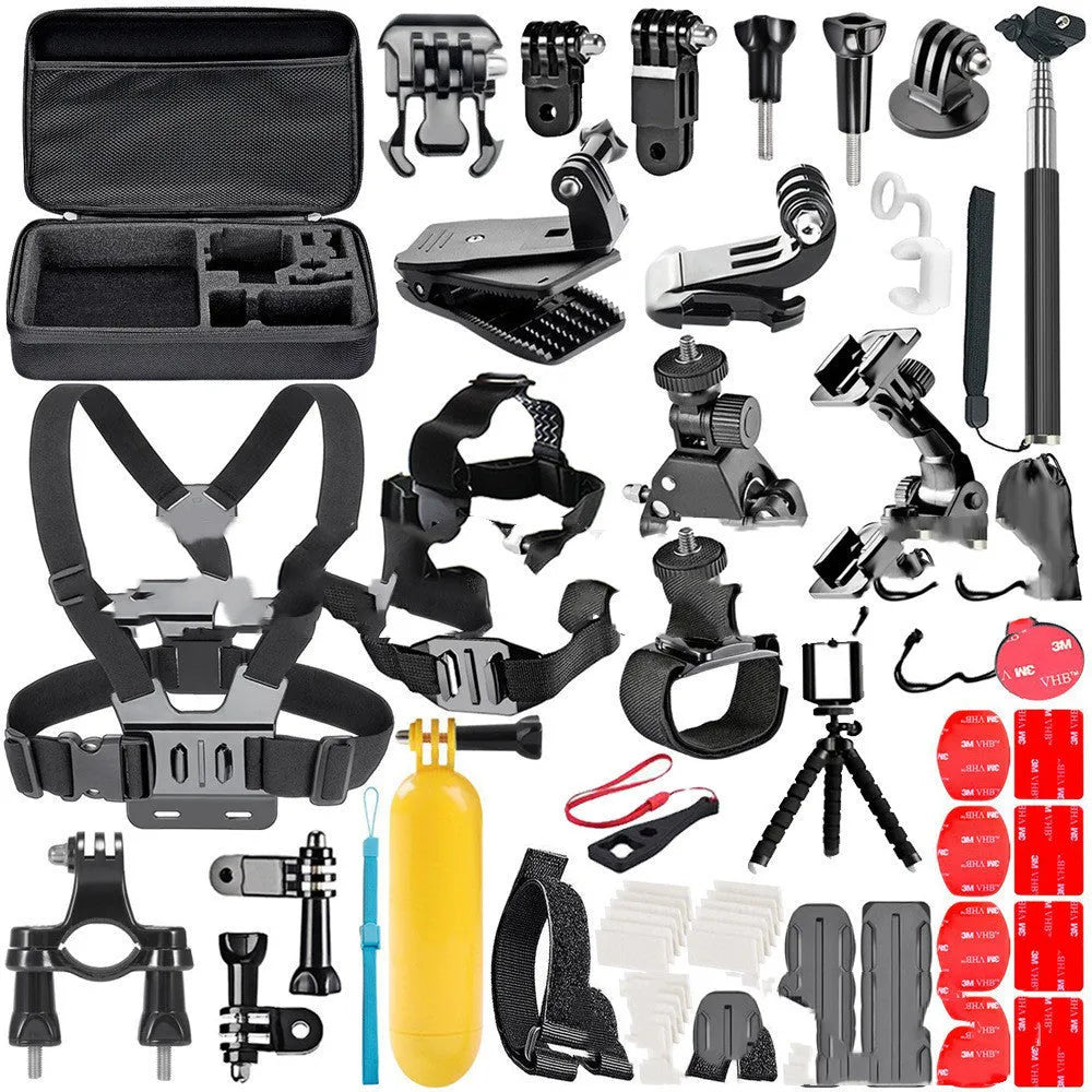 Black GoPro camera accessories set showing chest strap mount, helmet adapter, and portable tripod.