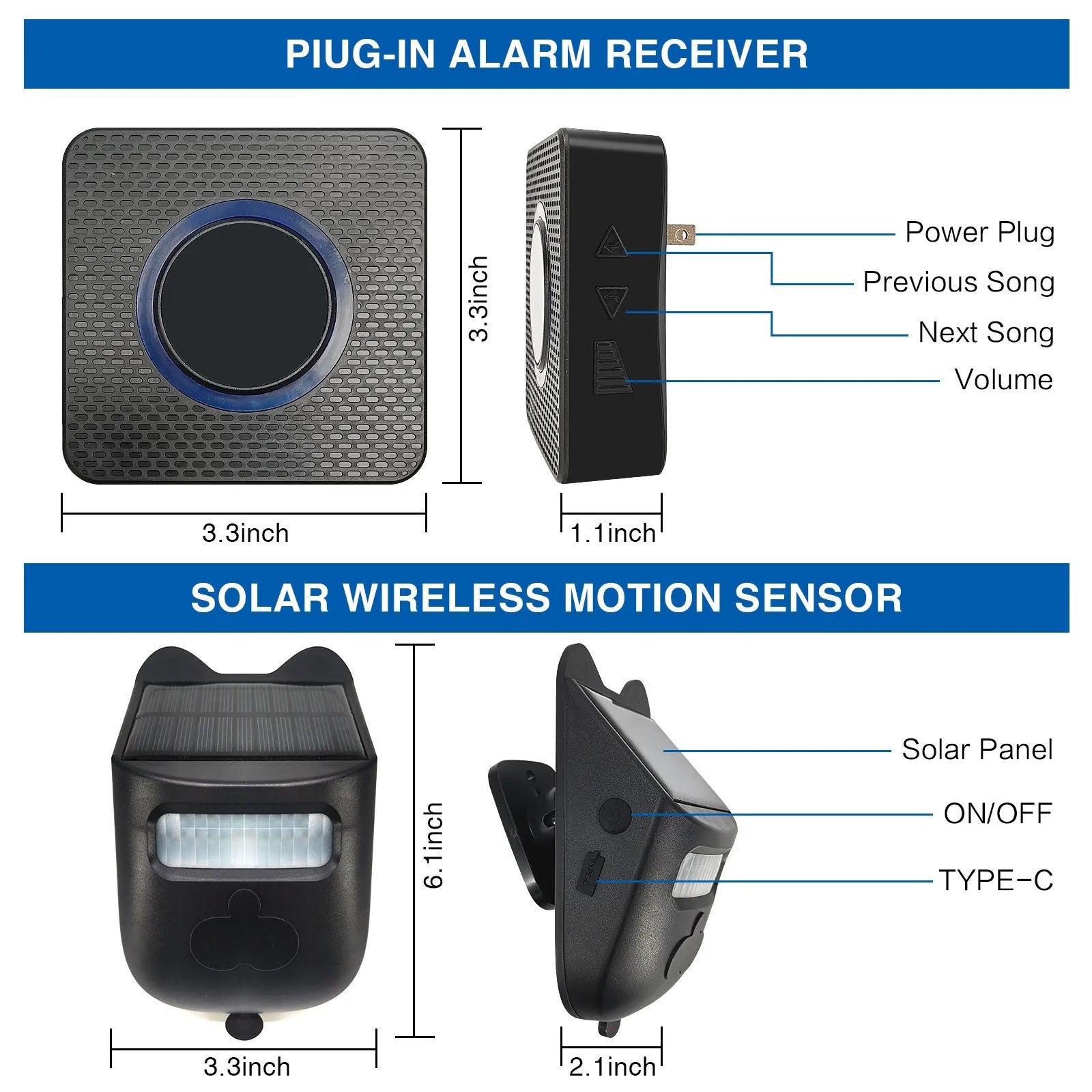 Solar wireless outdoor motion detector alarm with digital display and waterproof housing for driveway and garage use