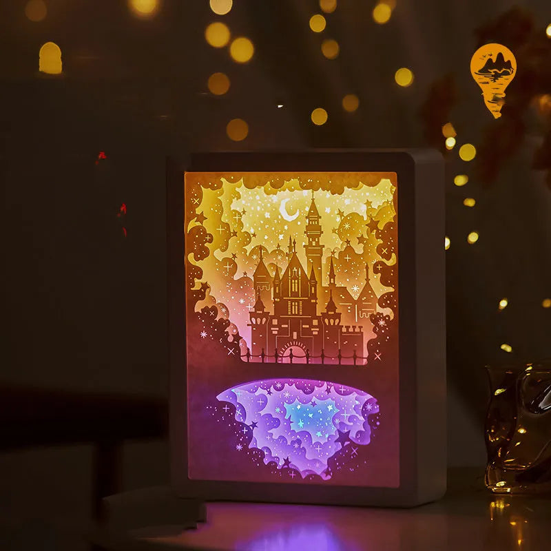 Modern bedside USB night light with 3D carved plastic shade and remote control on a table.