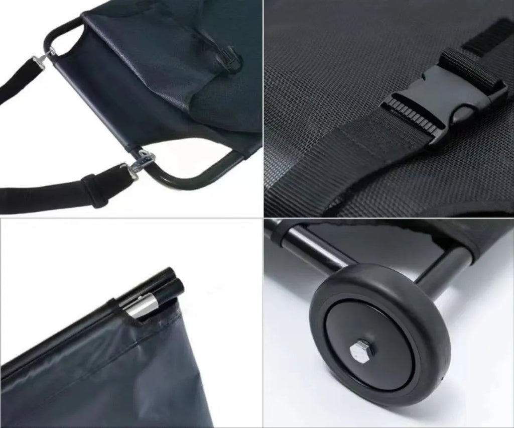 Black aluminium alloy foldable pet stretcher for large dog emergency transport.