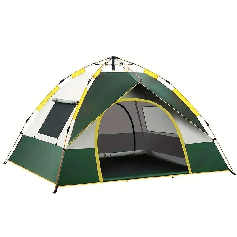 Dark green automatic quick-open dome tent for 3-4 people pitched in an outdoor setting.